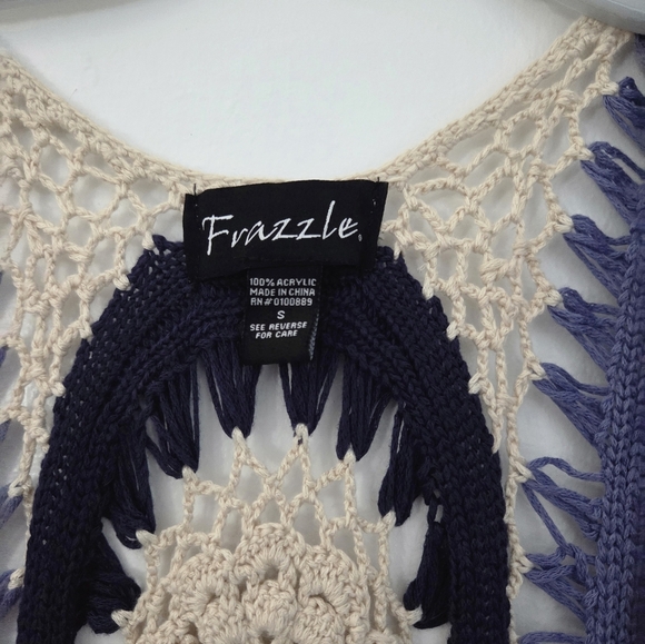 Frazzle Boho Crochet Fringe Vest Open Knit Navy Cream Purple Festival Sz S - Picture 7 of 8
